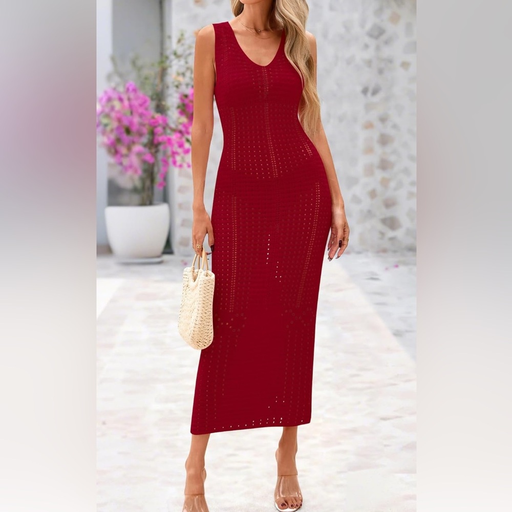 Crochet  Red Sleeveless Dress/coverup